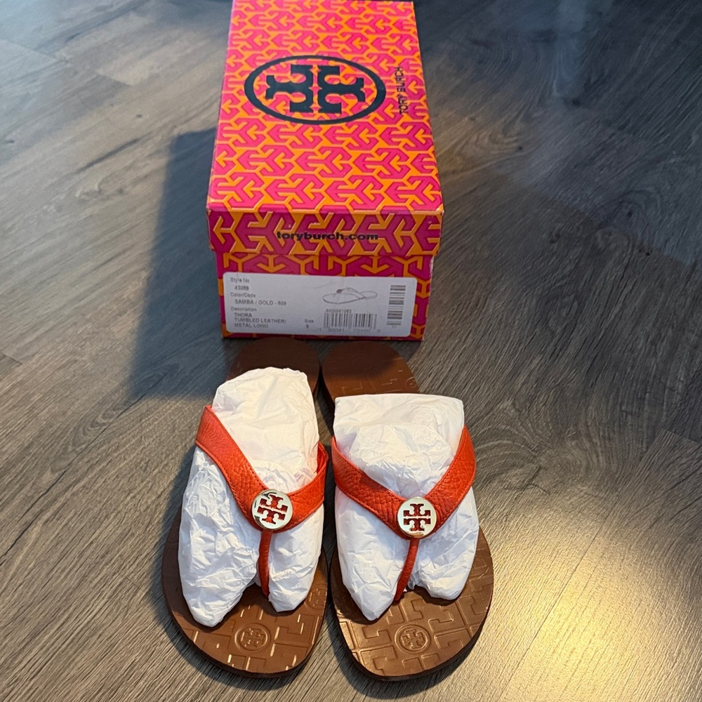 Tory Burch Kids Orange Leather Logo Thong Sandals